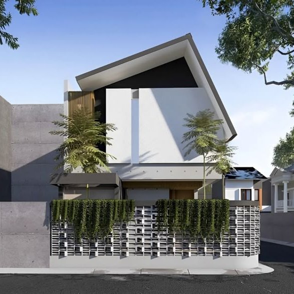 Jasa Bangun Rumah minimalis modern 2 lantai dengan pagar dinding bambu dan tanaman hias Amanah Profe