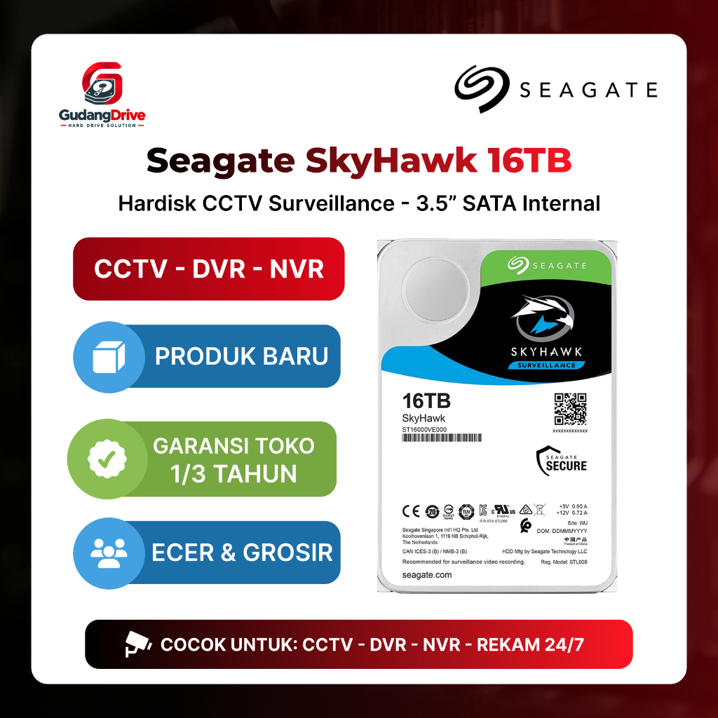 Hard Disk Seagate SkyHawk 16TB 16T CCTV DVR NVR HDD Surveillance Baru Bergaransi