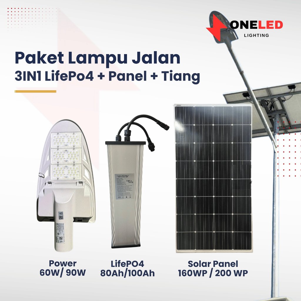 Paket Lampu Jalan 3In1 Tenaga Surya 60W LED PJUTS LifePo4 Solar Cell + Tiang PJU Komplit SNI