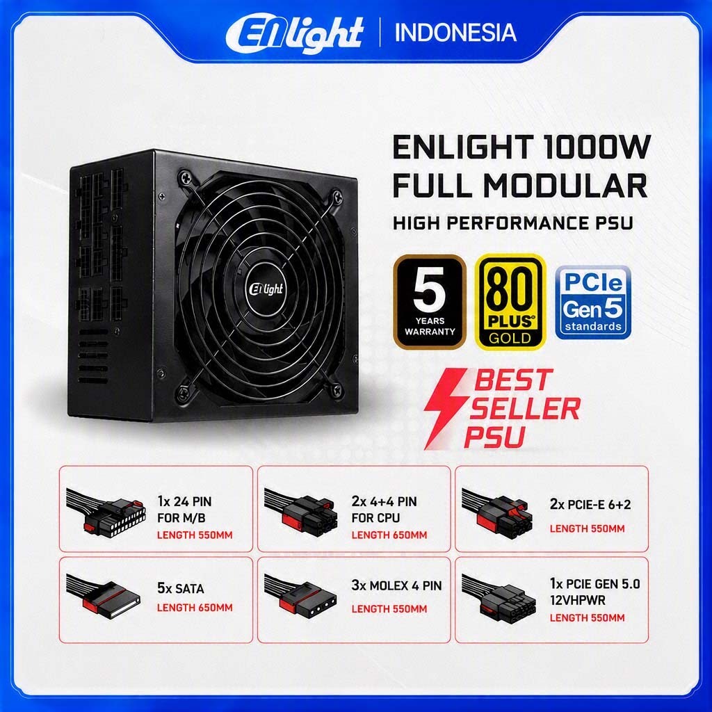 ENLIGHT 1000 WATT 80 PLUS GOLD FULL MODULAR PCI-E Gen 5.0 POWER SUPPLY PSU 12VHPWR