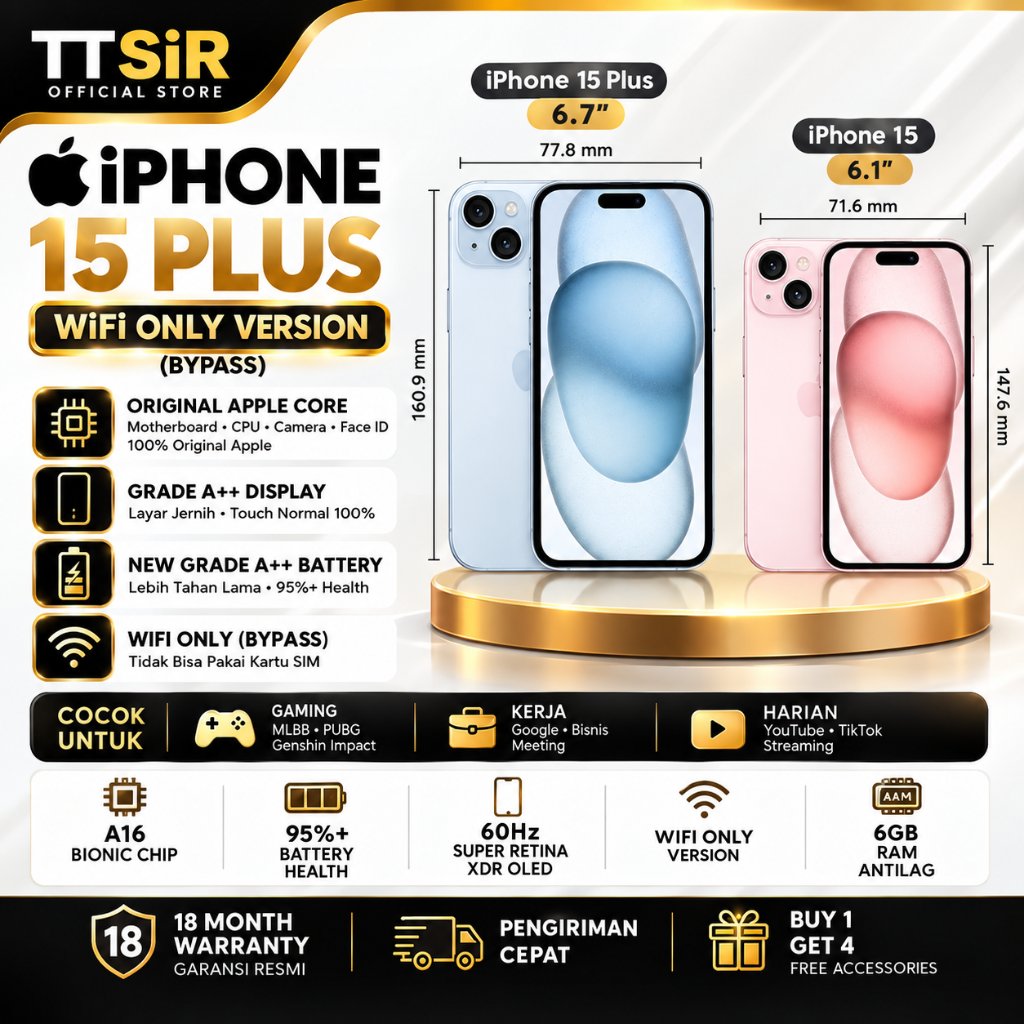 iPhone 15 plus Wifi Only ios 17/18/26 Face ID Bekas ORI Mulus 99% / 128GB 256GB Garansi 18 Bulan / U