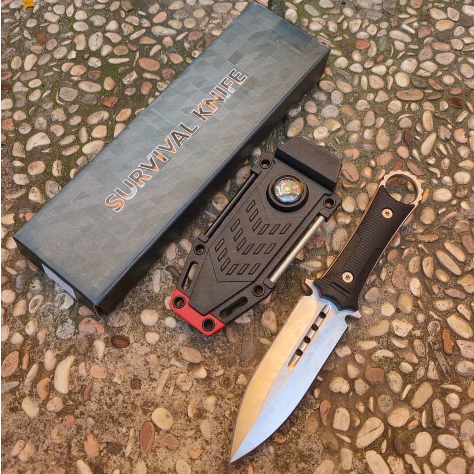 Pisau Survival P1541 Fulltang Camping Outdoor Bushcraft Import - HITAM
