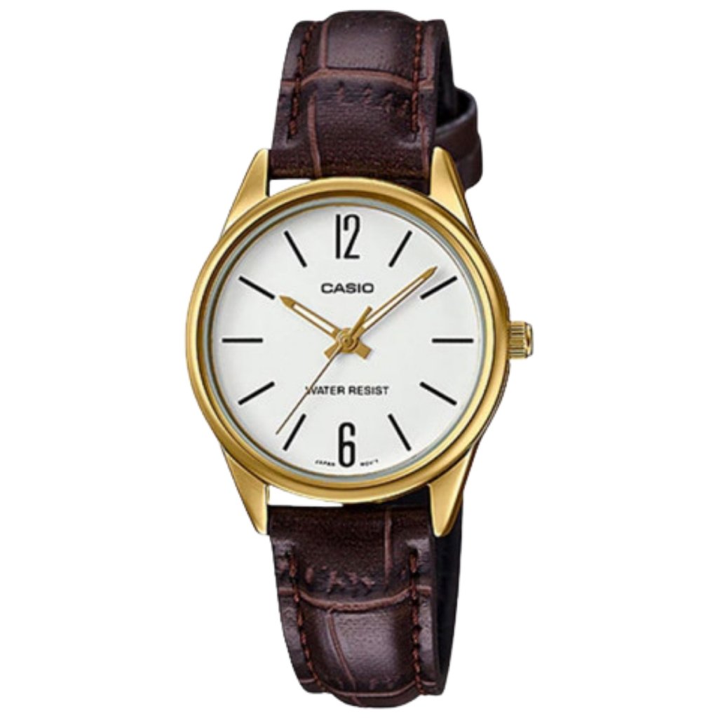 Galery Jam Tangan CASIO LTP-V005GL-7BUDF Brown Gold Dial White Leather