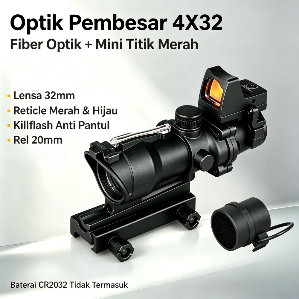 Bidik Teleskop ACOG 4x32 dengan Mini Red Dot dan Killflash Anti Pantul Khusus ACOG