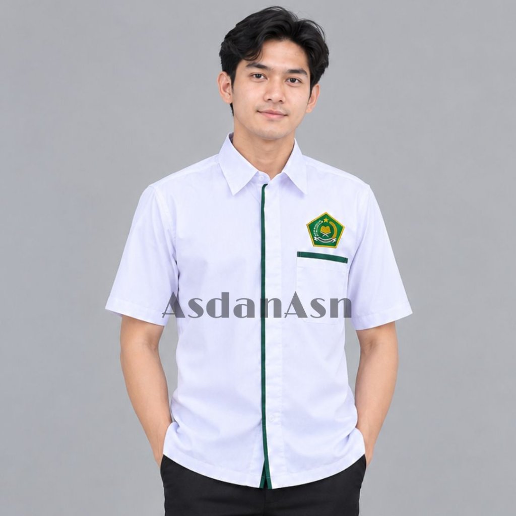 [ KEMENAG LIST HIJAU ] BAJU KEMENAG DINAS PUTIH PRIA list Hijau / Seragam Kerja Putih Pendek