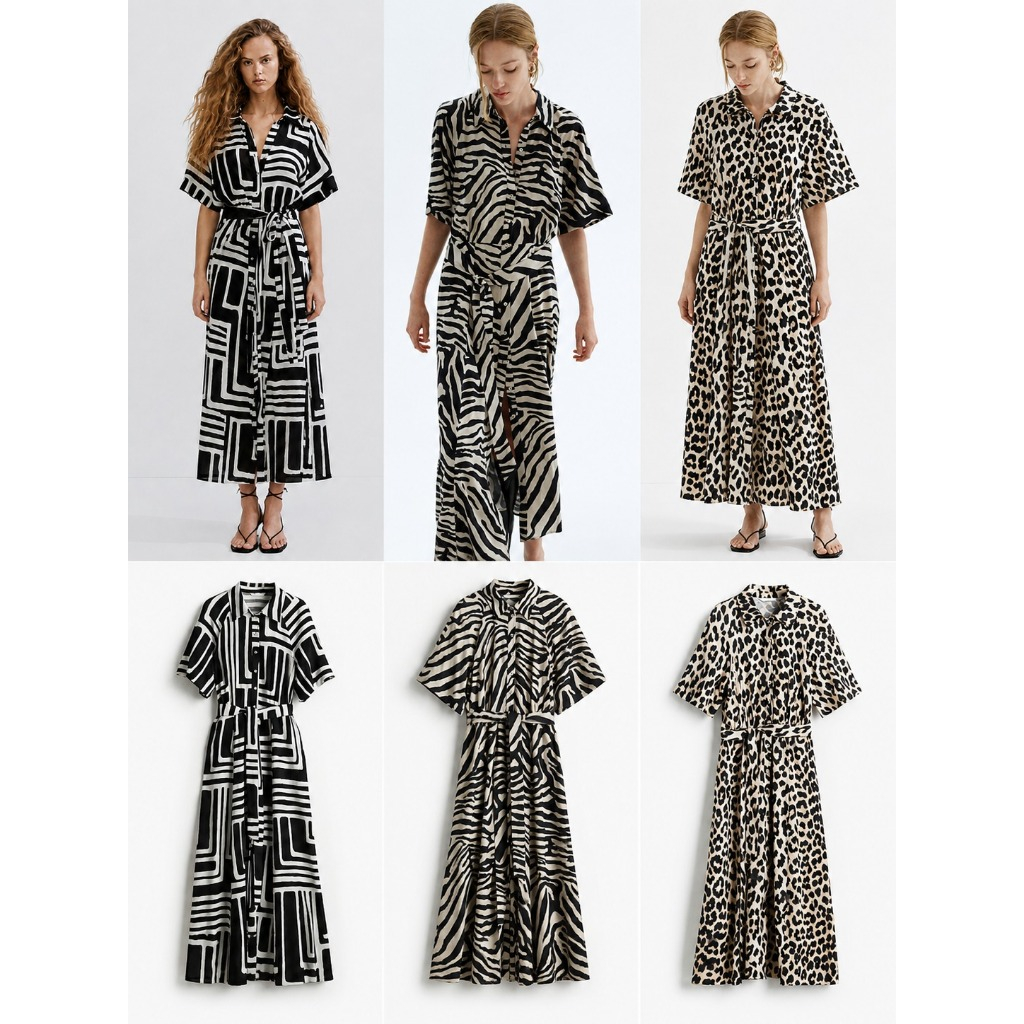 Long Dress Kerah Wanita Motif Hitam Putih Mewah - Dress Animal Printed - Shirt Dress - HM-9999
