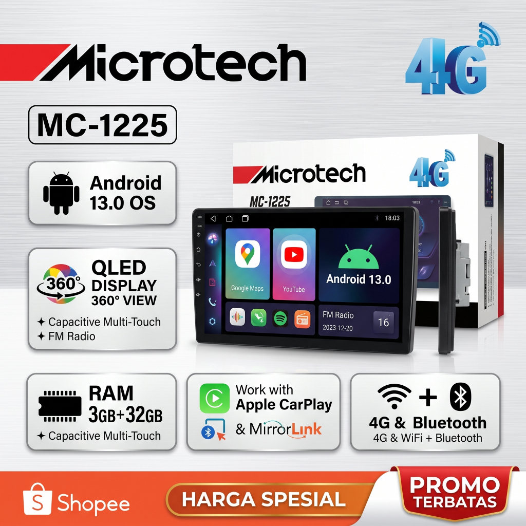 Head Unit Android 13 Microtech MC-1225 Milano Series RAM 3/32GB Layar QLED FHD 1080 4G Apple CarPlay