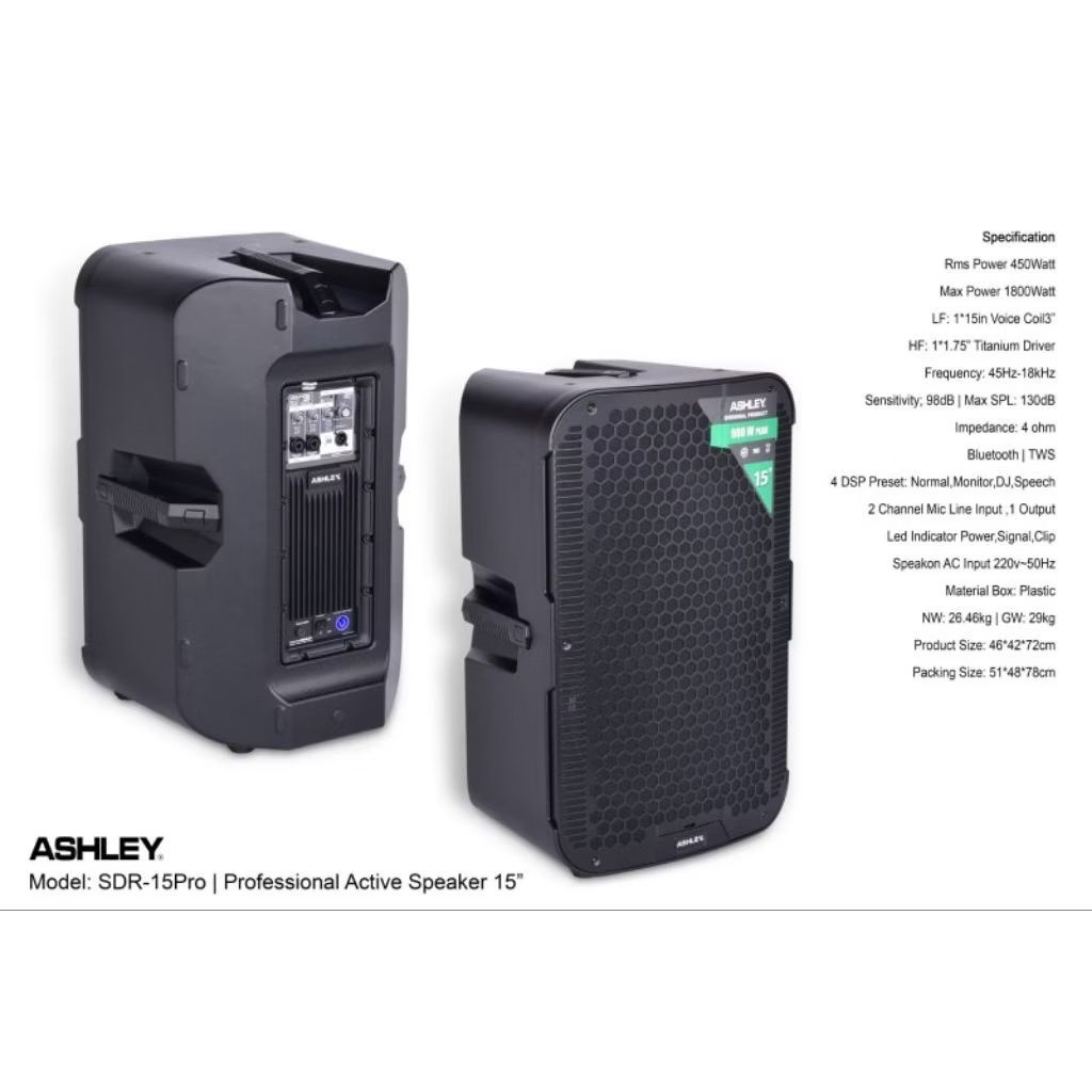 SPEAKER ACTIVE ASHLEY 15INCH 900WATT ASHLEY SDR15PRO SDR-15PRO SDR 15PRO ORIGINAL BERGARANSI RESMI A