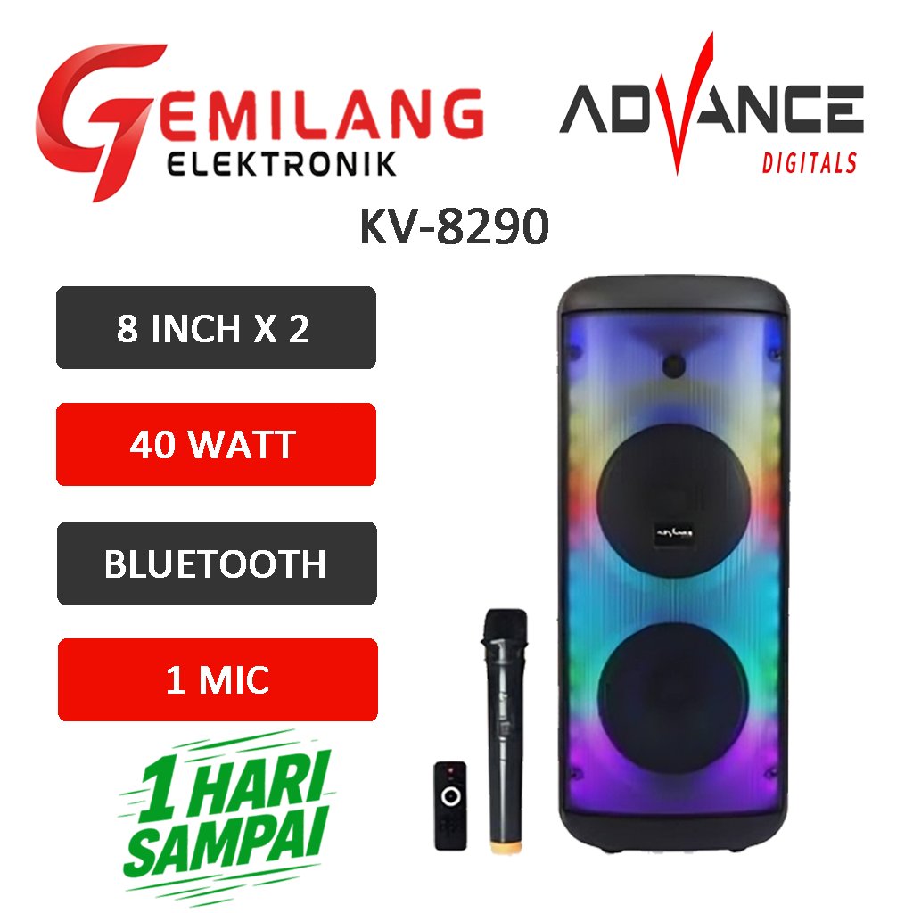 SPEAKER ADVANCE KV-8290 SPEAKER PORTABEL 2 X 8 INCH 40 WATT 1 MIKROFON WIRELESS BLUETOOTH