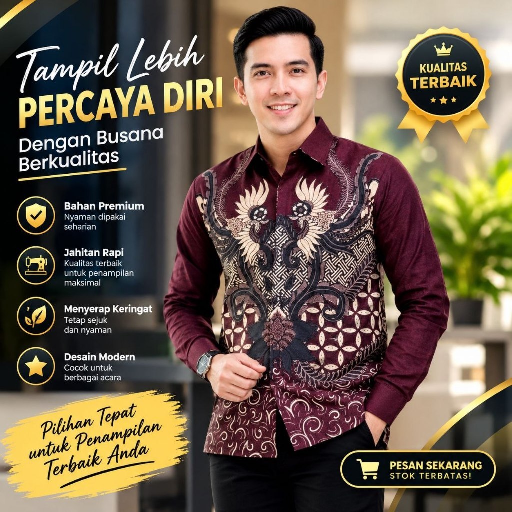 TERBARU Kemeja Batik Pria Dewasa Lengan Panjang Motif PRABUWIRA BURGUNDY Size M L XL XXL Elegan Nyam