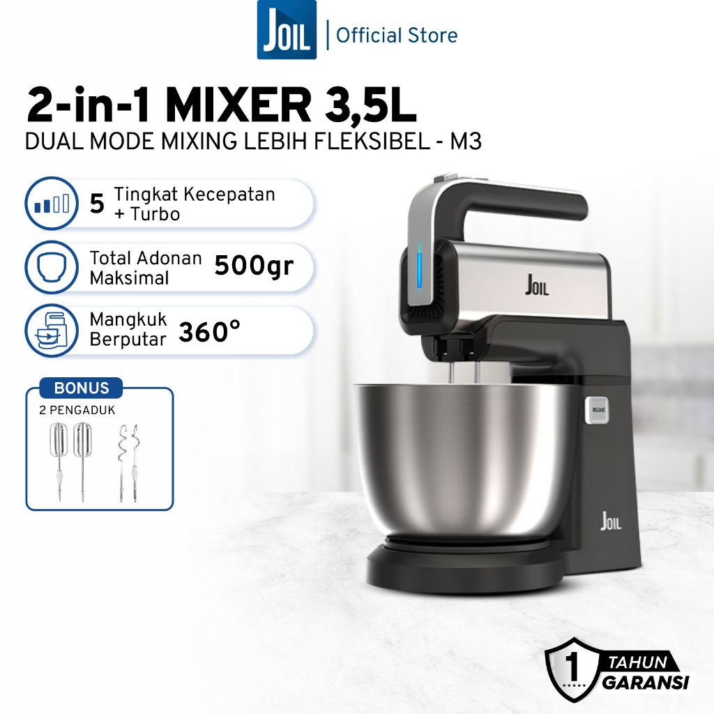 Joil Hand Stand Mixer 2-in-1 Stainless Steel 5 Kecepatan & Turbo untuk Adonan Kue - M3