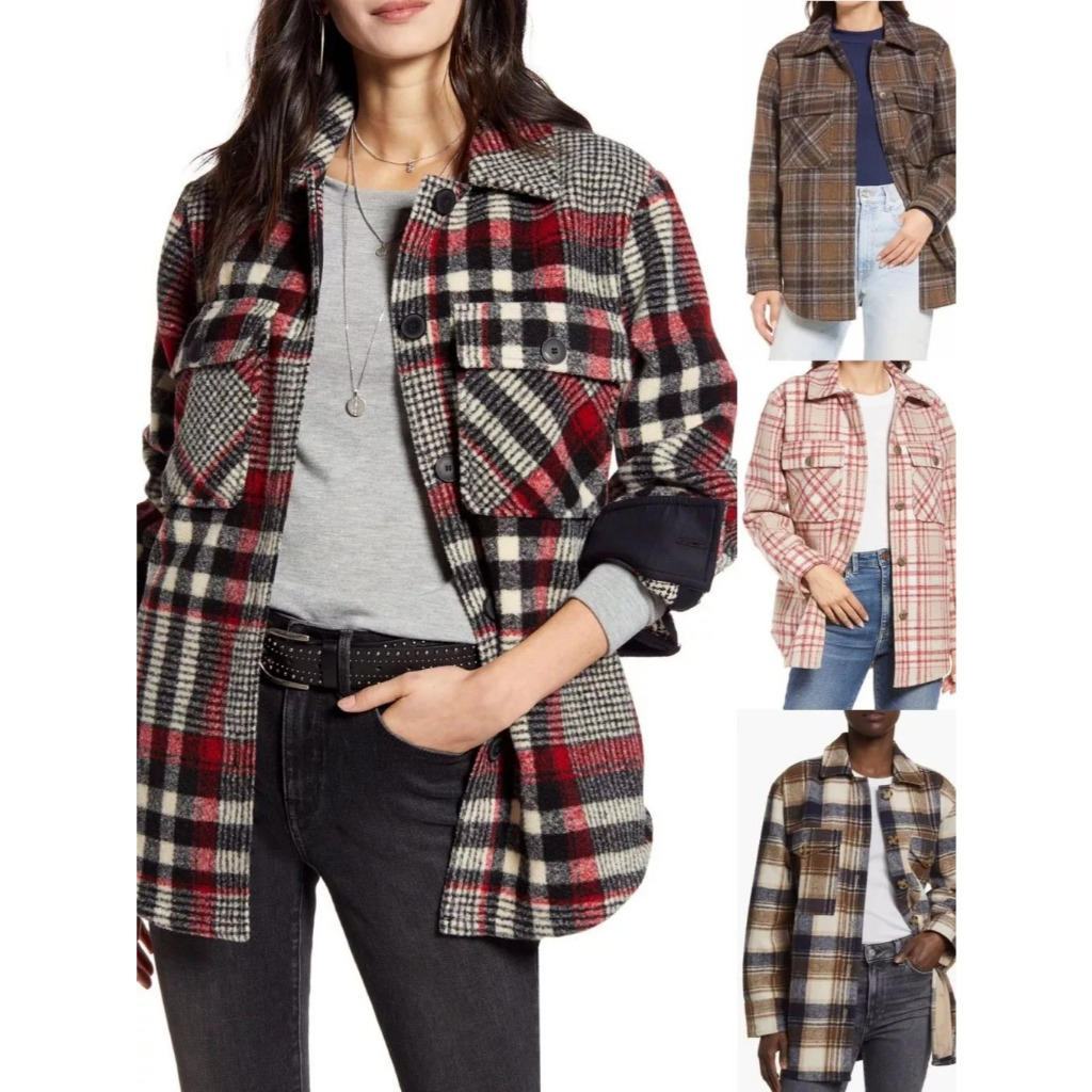 Jaket Overshirt Wanita Bahan Wool-Blend Motif Kotak-Kotak Women's Wool-Blend Plaid Shirt Jacket - TB