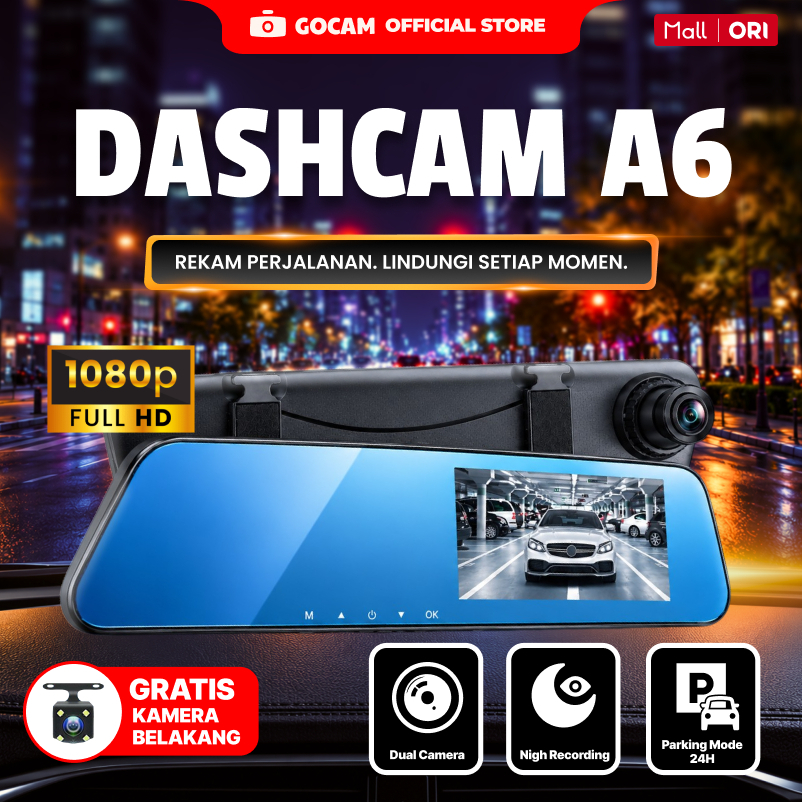 GOCAM A6 Dashcam Mobil 1080p Kamera Parkir Depan Belakang Perekaman Loop