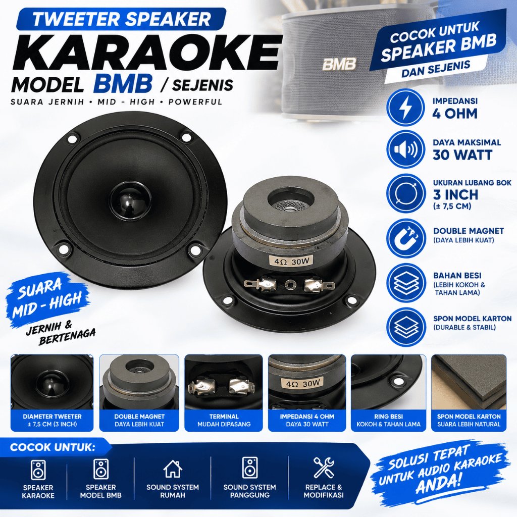 Tweeter Speaker Karaoke 3 Inch Model BMB 30W 4 Ohm Double Magnet Spool Suara Mid High Jernih Kualita