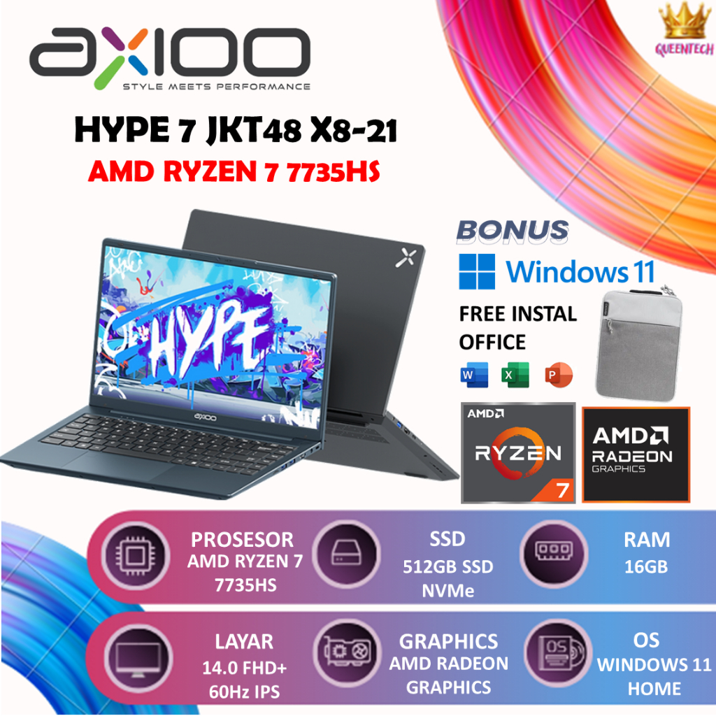 AXIOO HYPE 7 AMD JKT48 X8-21 AMD RYZEN 7 7735HS RAM 16GB SSD 512GB WINDOWS 11 14" FHD+ IPS