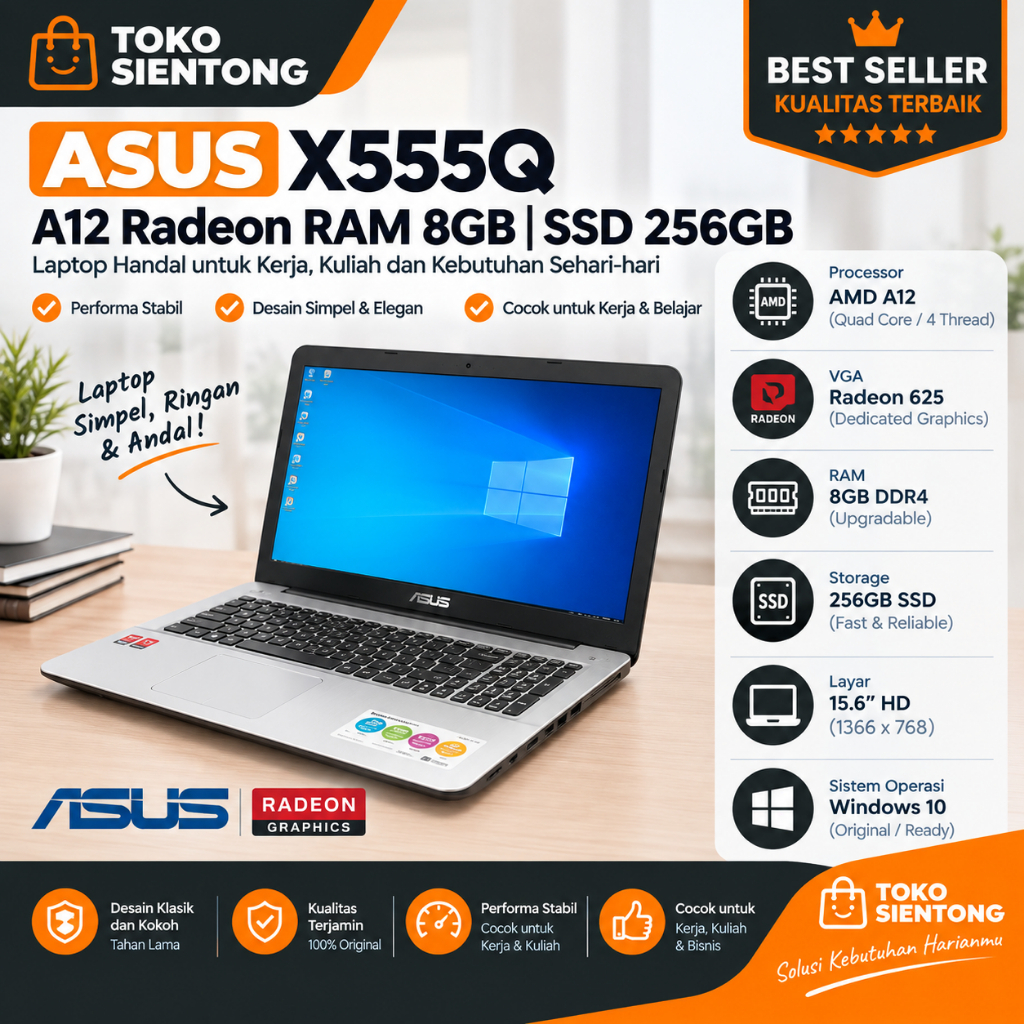 Second Murah Bergaransi Laptop ASUS X555Q / X555O  AMD A12 Radeon RAM 8GB / SSD 256GB | 15.6" HD