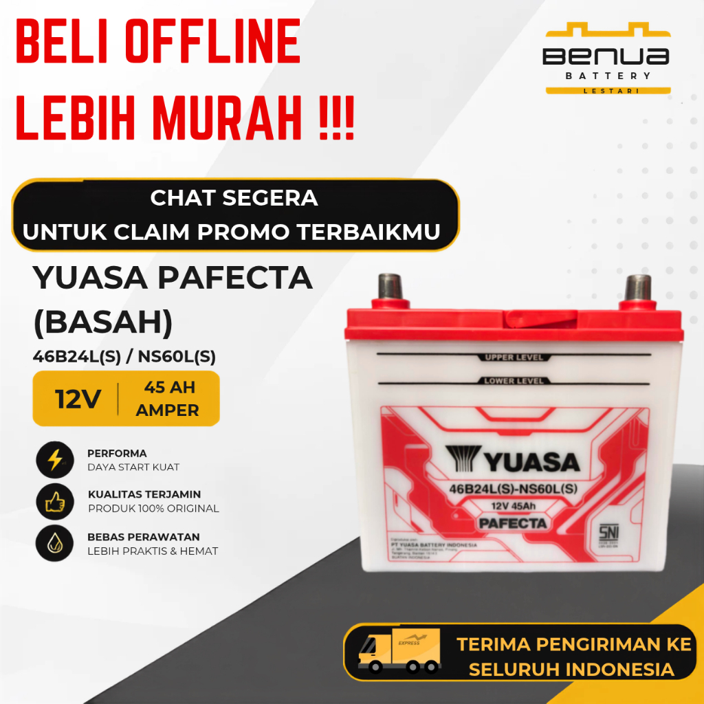 Aki Yuasa PAFECTA BASAH 46B24LS / Aki NS60LS / Aki NS 60 LS / Aki Mobil 12V 45Ah Original Yuasa
