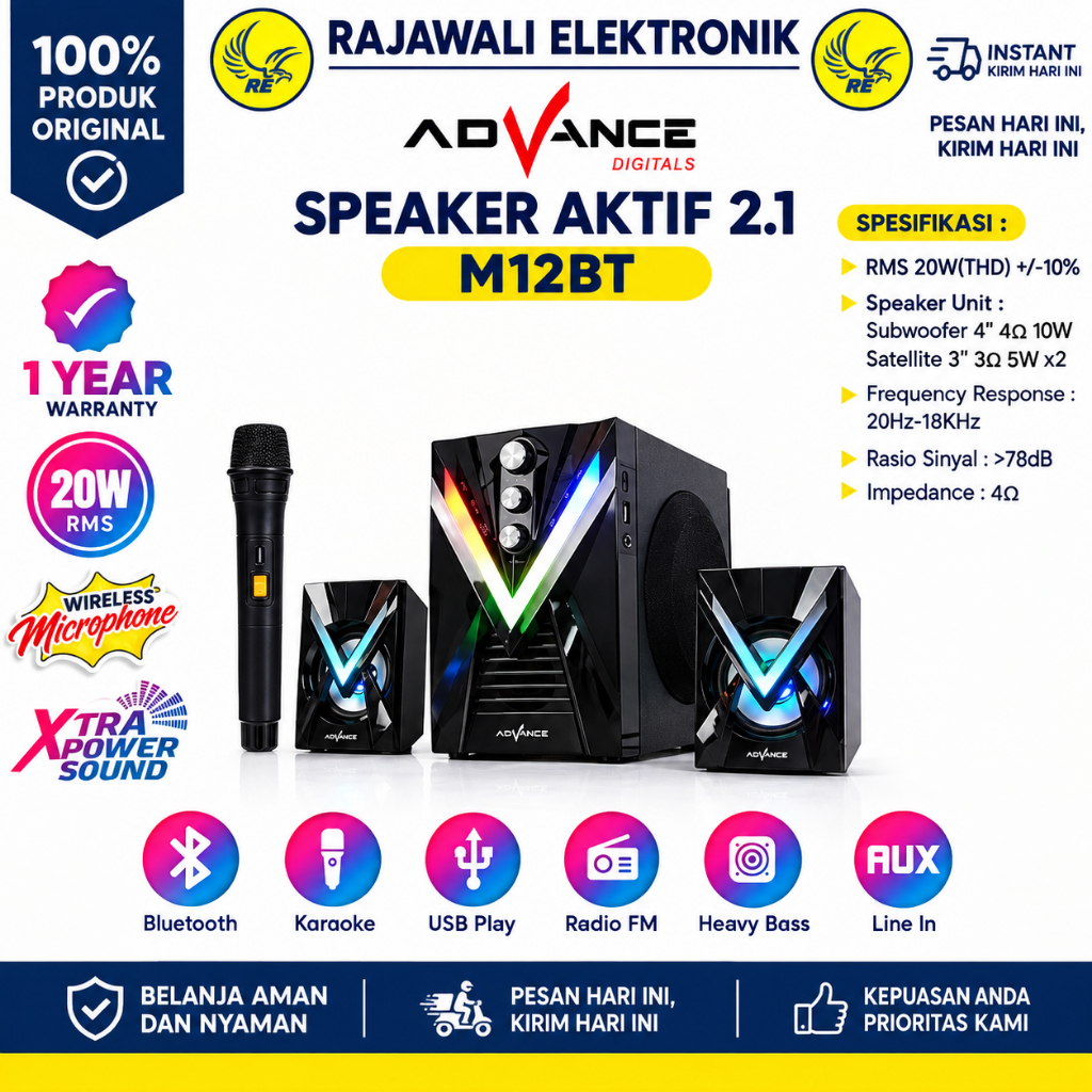 Advance M12BT Bluetooth Speaker Xtra Bass 20W Subwoofer Wireless Mic RGB LED Baru