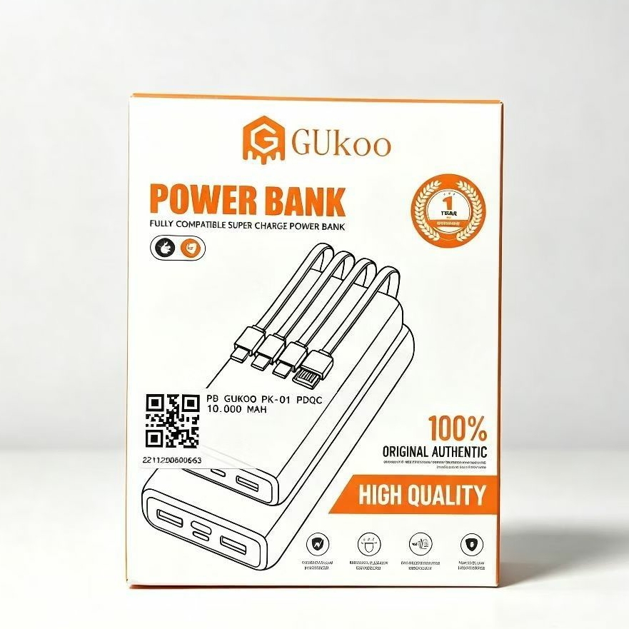 GUkoo Power Bank PB GUKOO PK-01 PDQC 10.000 mAh dengan Kabel USB 3 Port