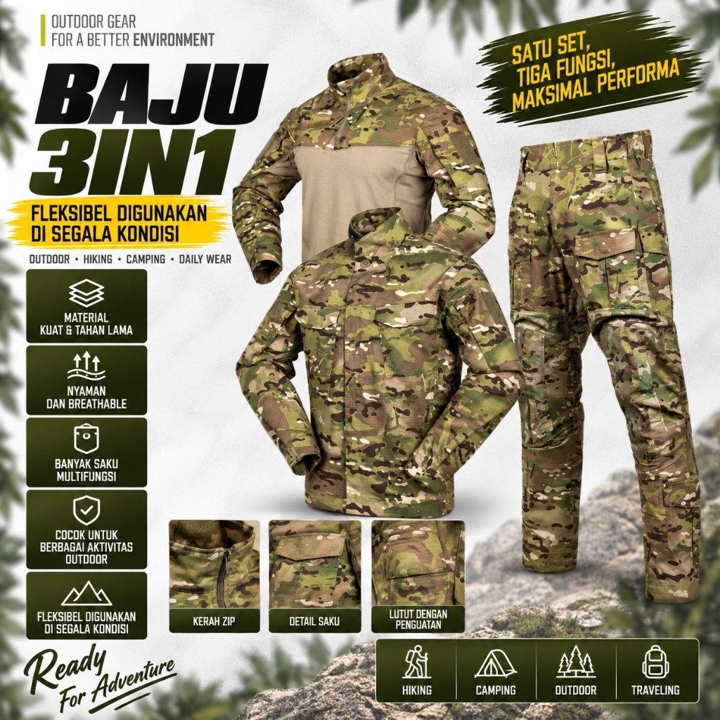 [BAJU BDU 3 IN 1] Baju kemeja bdu 3 in 1 setelan waterproof pria multicame import Setelan kamuflase 