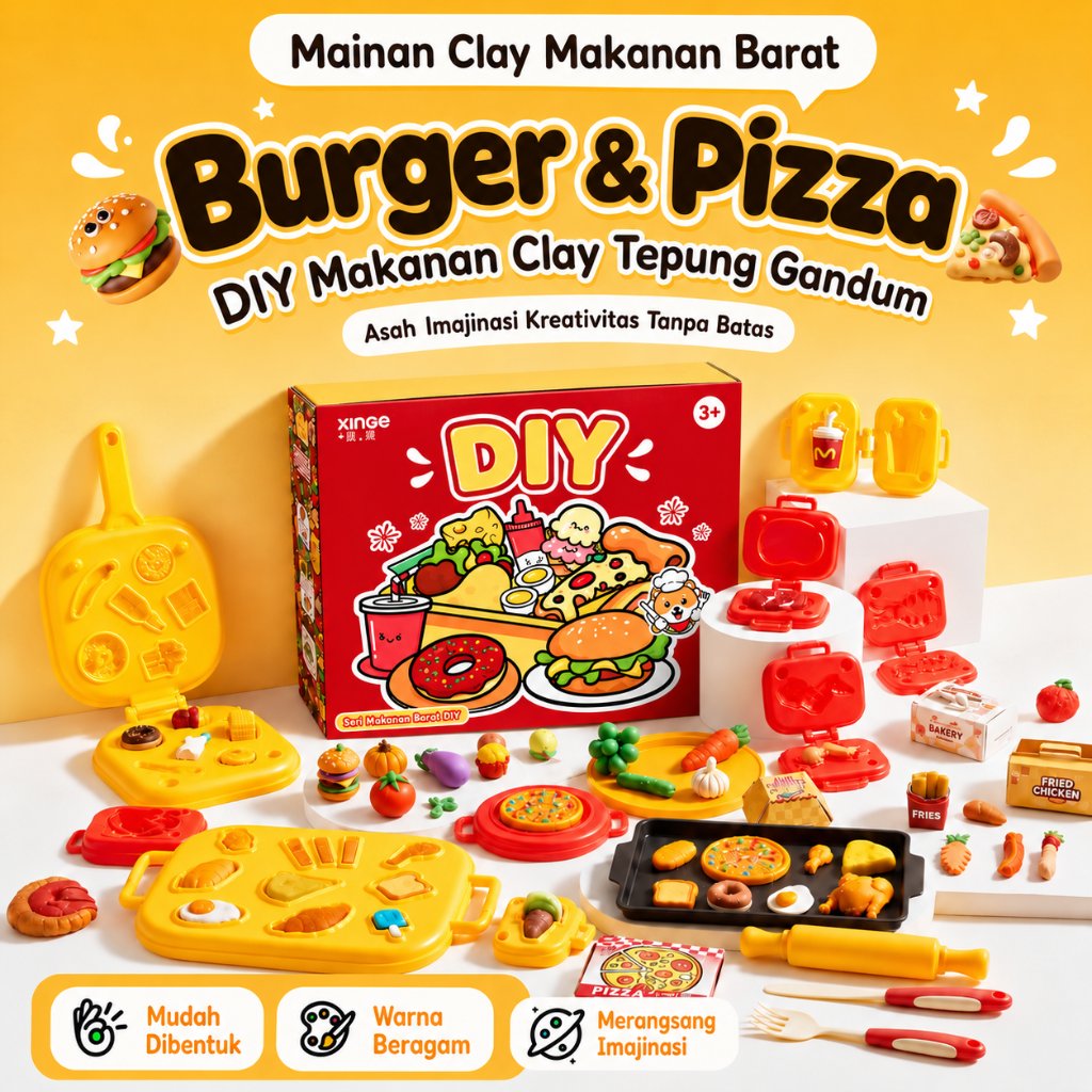 Play Doh Mainan Clay dan Cetakan Fundoh Set Lengkap DIY Burger Pizza Es Krim Mainan Edukasi Anak