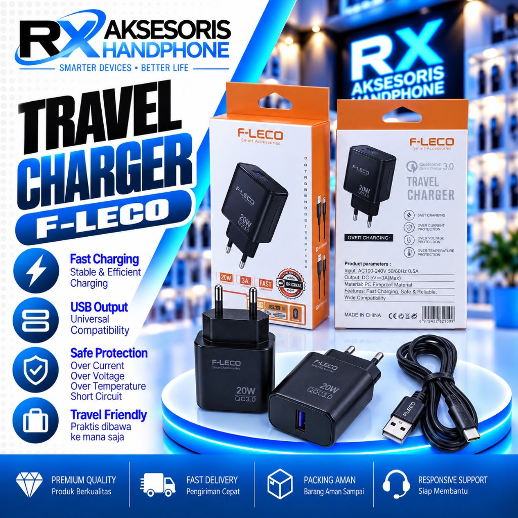 Travel Charger Fleco F-430 25W Casan HP Micro Type C Lightning Kepala Charger Fleco Fast Charging