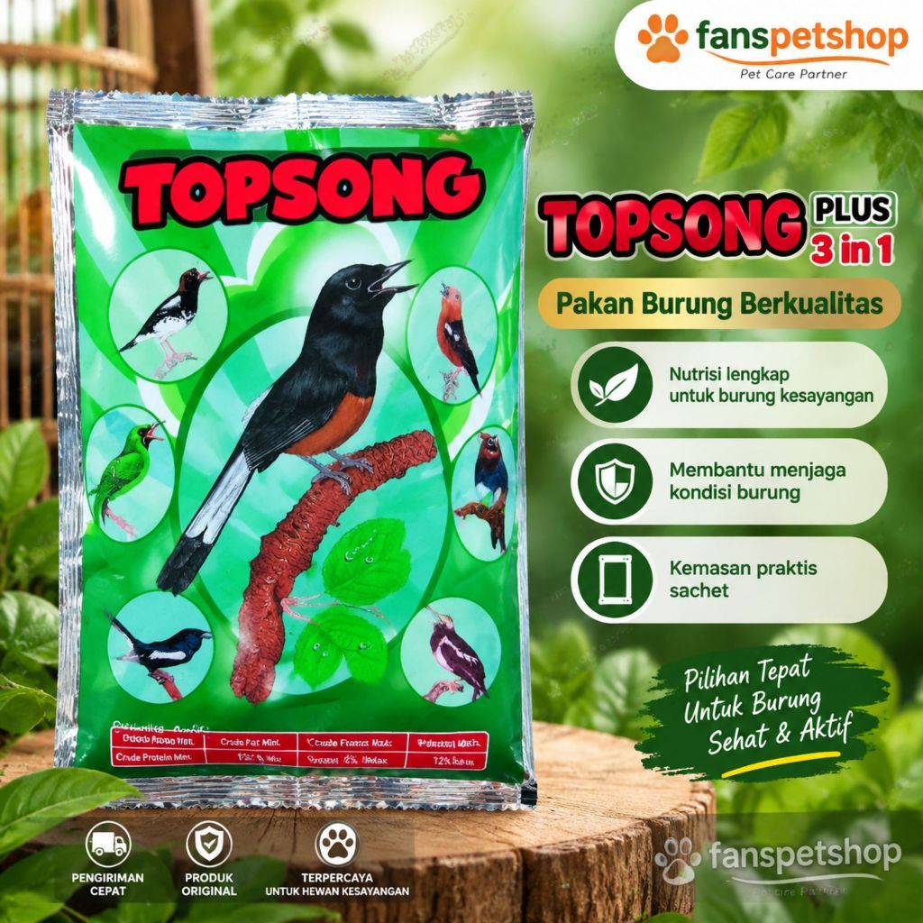TopSong Plus 3in1 Pakan Burung Kicau Premium Sachet Murai Batu Kacer Kenari Pleci Lovebird Nutrisi L