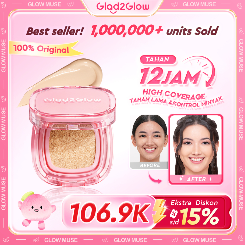[Beli 2 Lebih Hemat!]Glad2Glow Cushion Foundation 6 Shades | Semi-Matte, Full Coverage | BB, CC Cream & Concealer | Waterproof, Anti-Pudar, Tahan 8 Jam | Cocok untuk Semua Kulit | Vit C & Mixberry high cover glad2glow official store
