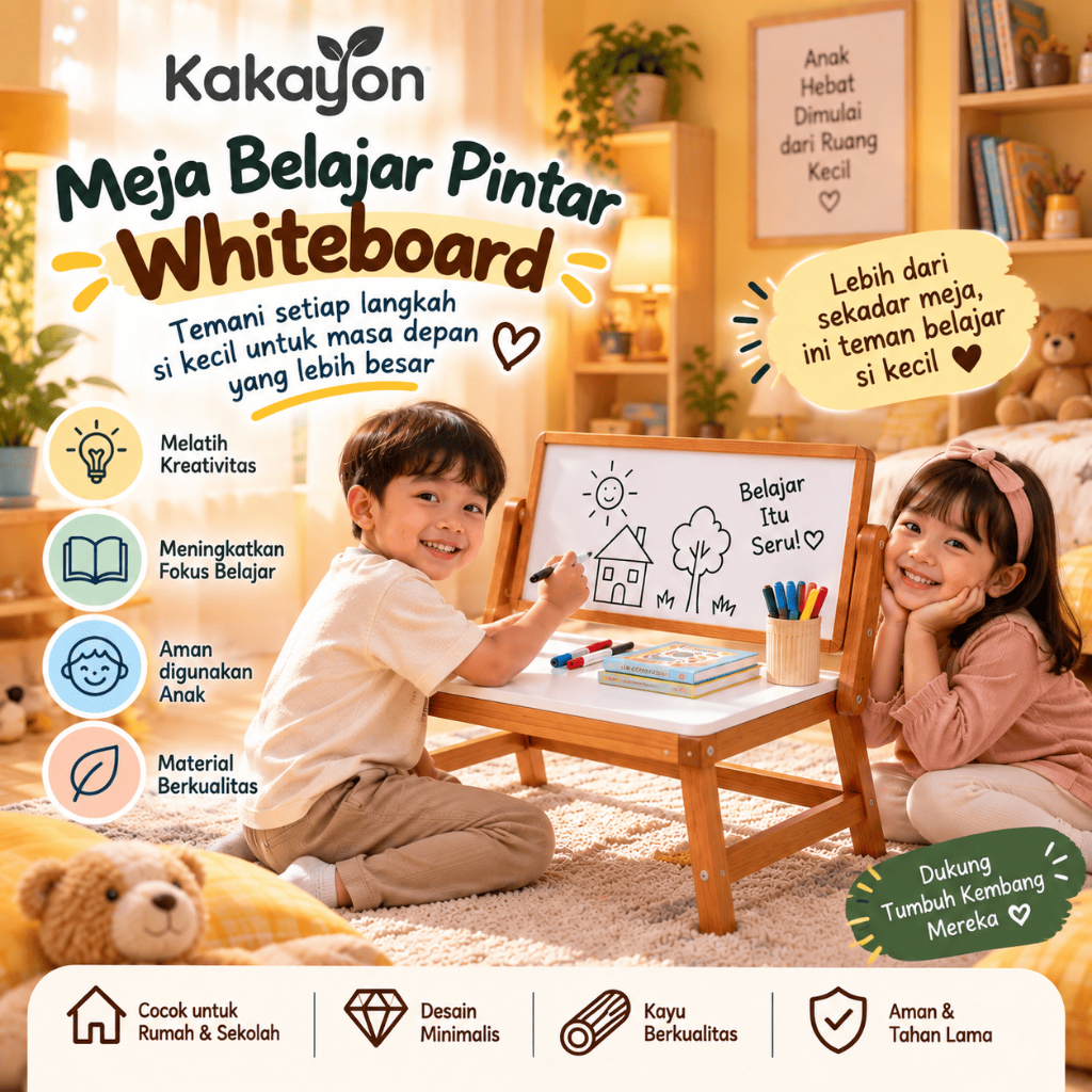 KAKAYON Meja Belajar Lipat Anak Whiteboard Pintar