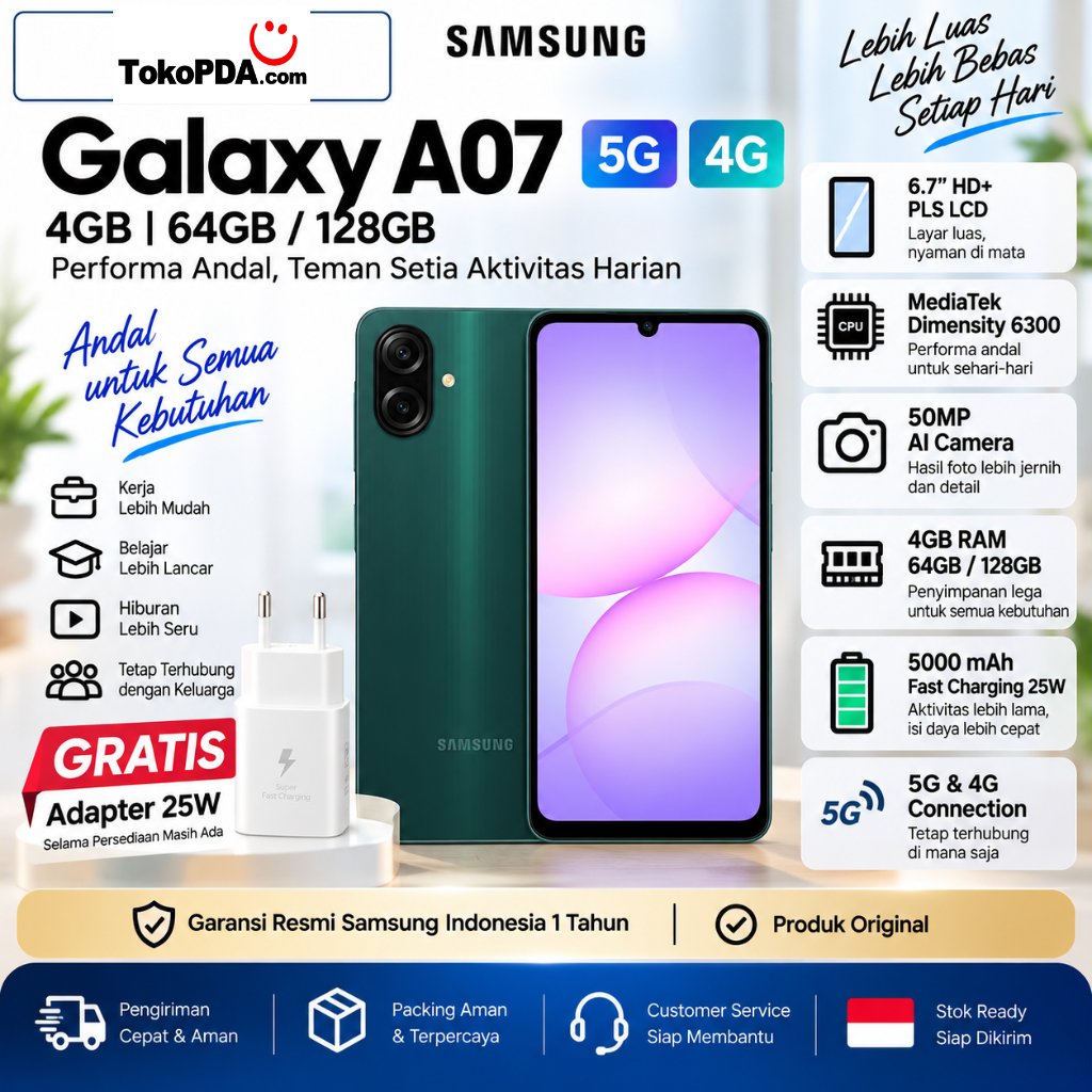 Samsung Galaxy A07 5G 4G 4GB 64GB/128GB Original Garansi SEIN 1 Tahun | Mediatek Helio G99 6nm | Lay