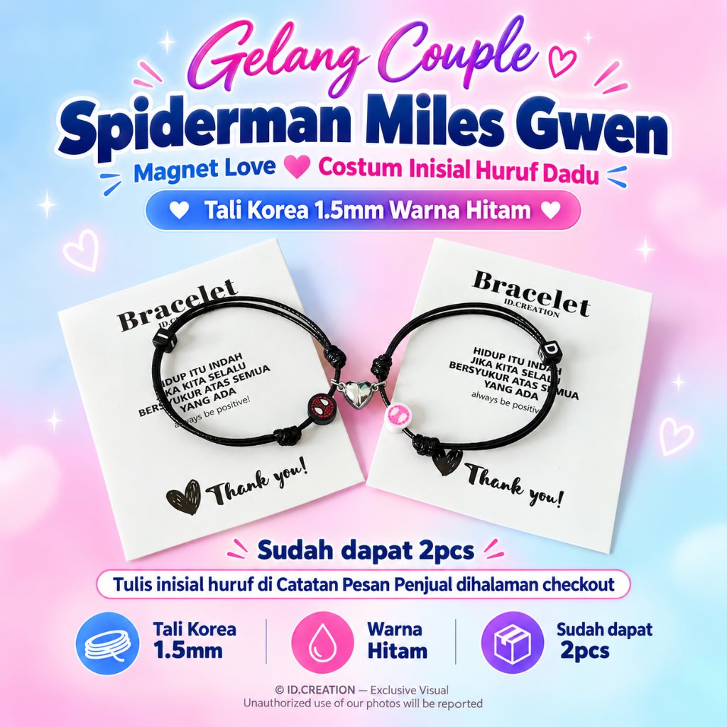 Gelang Couple Magnet Love Spiderman Miles Gwen &  Costum Inisial Huruf Dadu Tali Korea 1.5mm Warna H