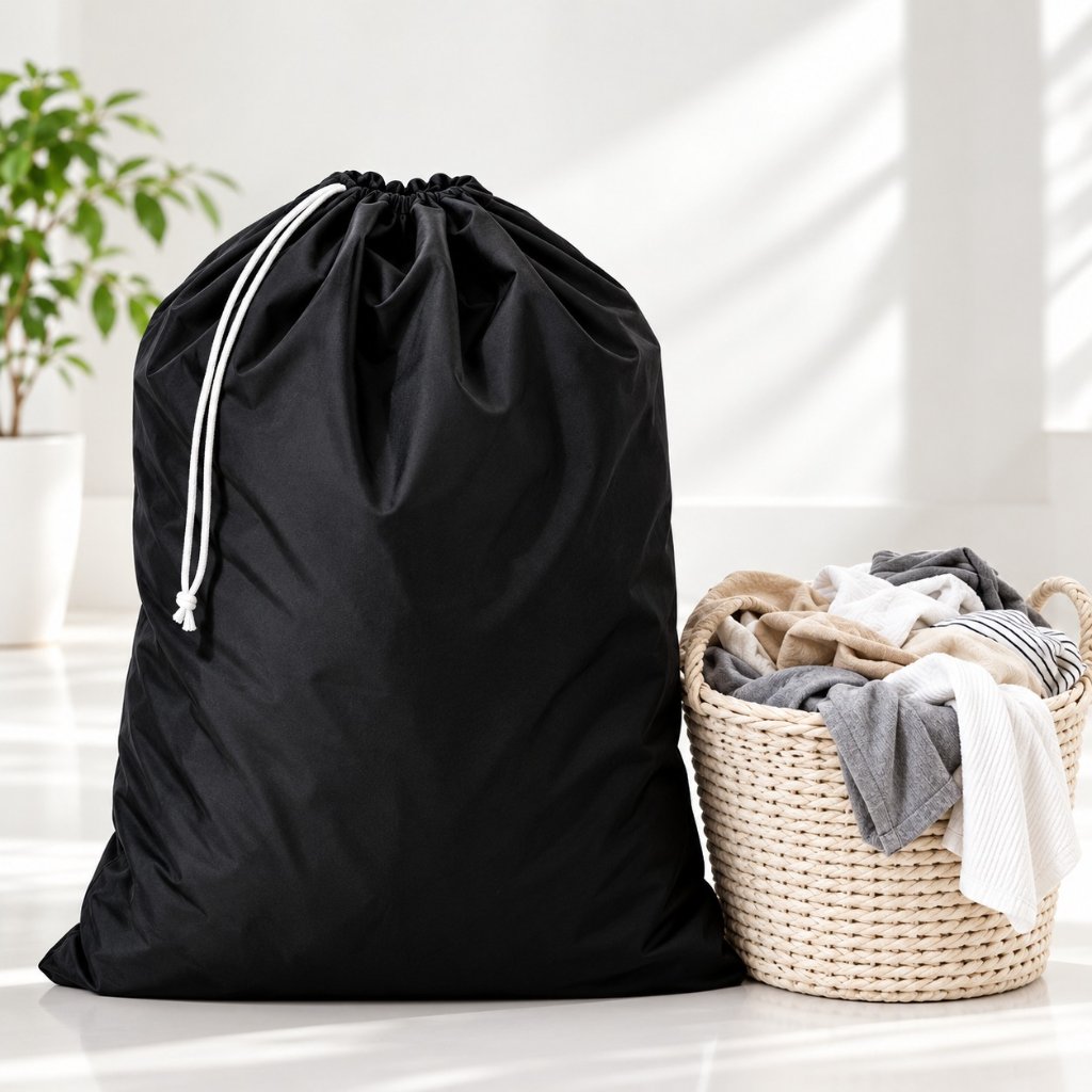 Tas Laundry Jumbo Parasut Anti Air Kapasitas Standar Tali Serut Hitam Polos