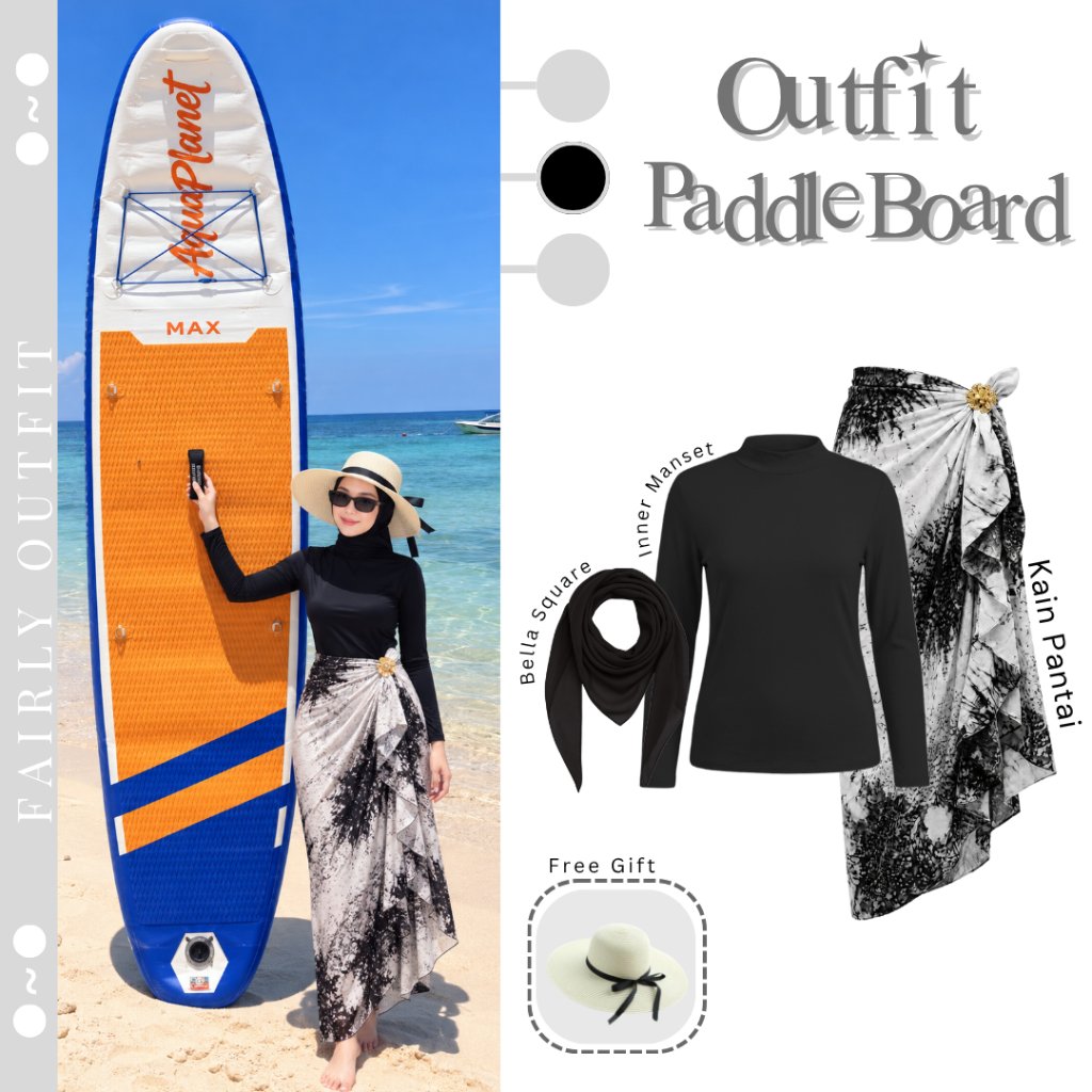 Oneset Outfit Paddle Board Wanita | Topi + Bella Square + Inner Manset + Kain Pantai | Outfit Olahra