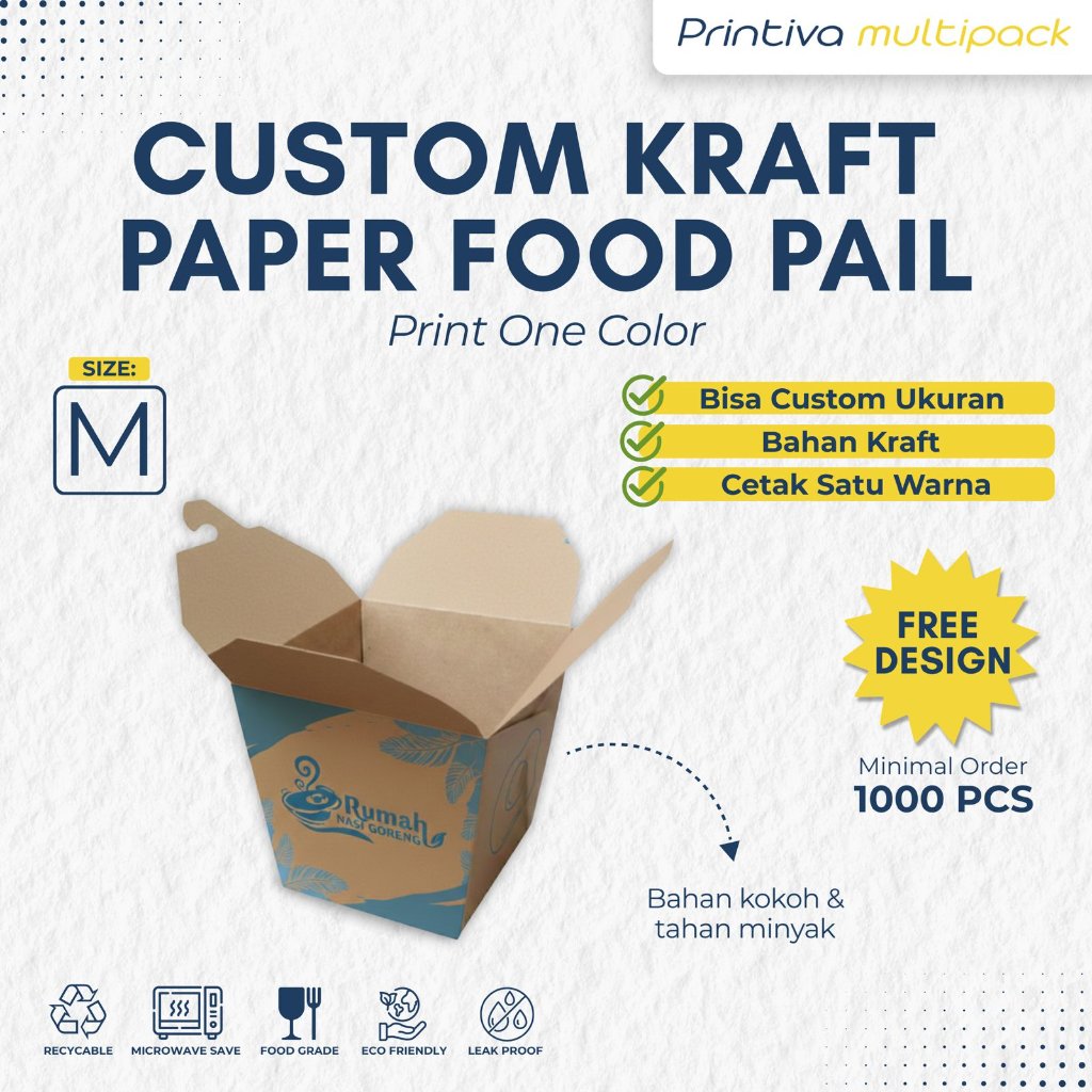 CUSTOM Cetak Food Pail Selip Size M Kraft 1 warna food grade/ PAPER RICE BOX