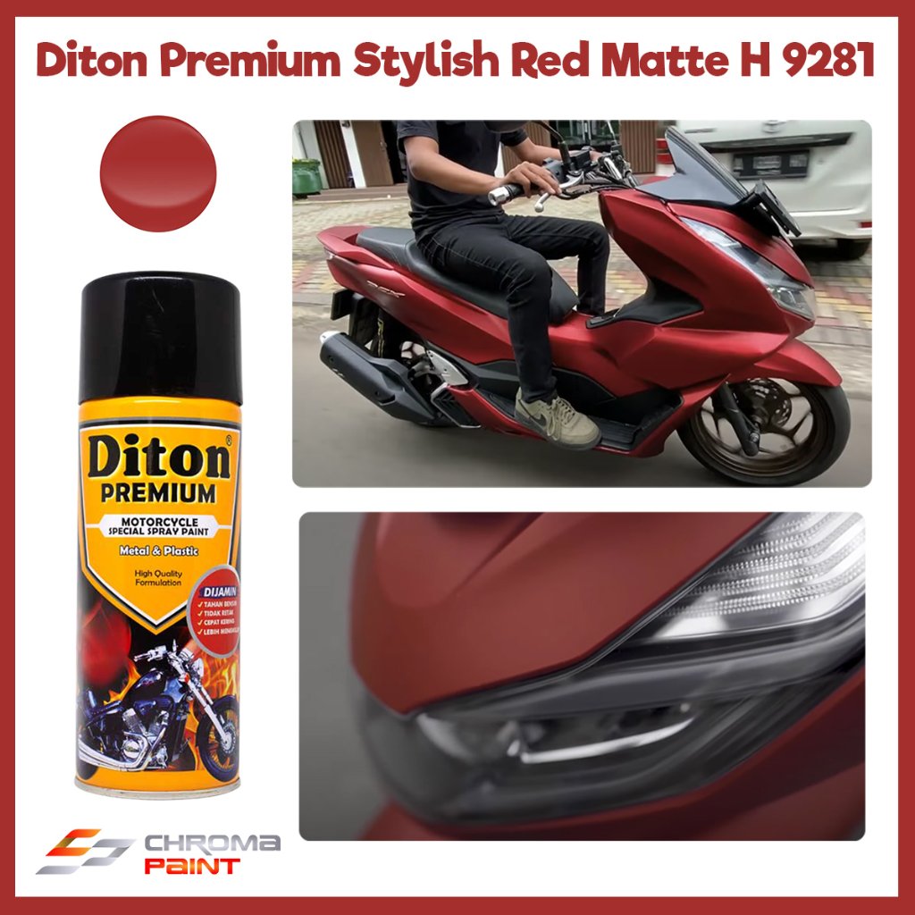 Diton Premium Cat Semprot Khusus Motor H 9281 Merah Matte untuk Logam & Plastik - Merah Doff Scoopy