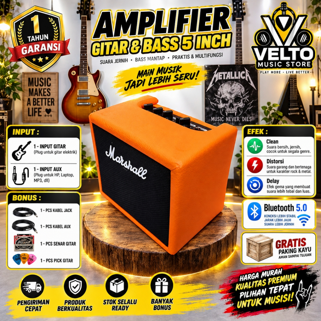 ampli gitar & bass 5 inch bluetooth 5.0 2 Input marshall ada efek distorsi & delay oranye
