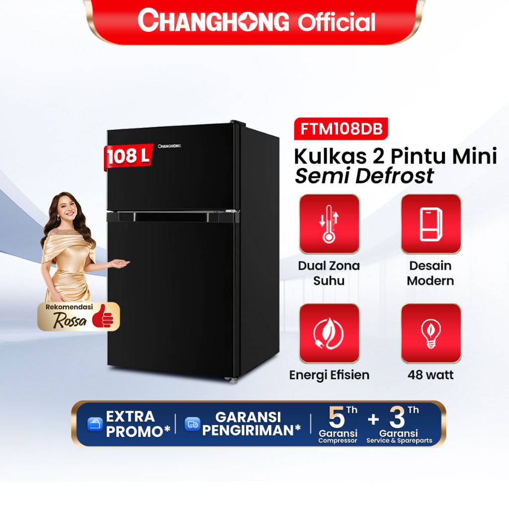 New Changhong Kulkas 2 pintu Mini (Refrigerator) Lemari Es Kapasitas 108 Liter – Black FTM108DB (Sem