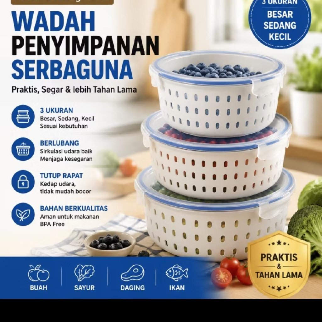 Tupperware Bulat 3in1 Box Penyimpanan Makanan Multifungsi Tupperware Penyimpan Buah Alat Cuci Buah T