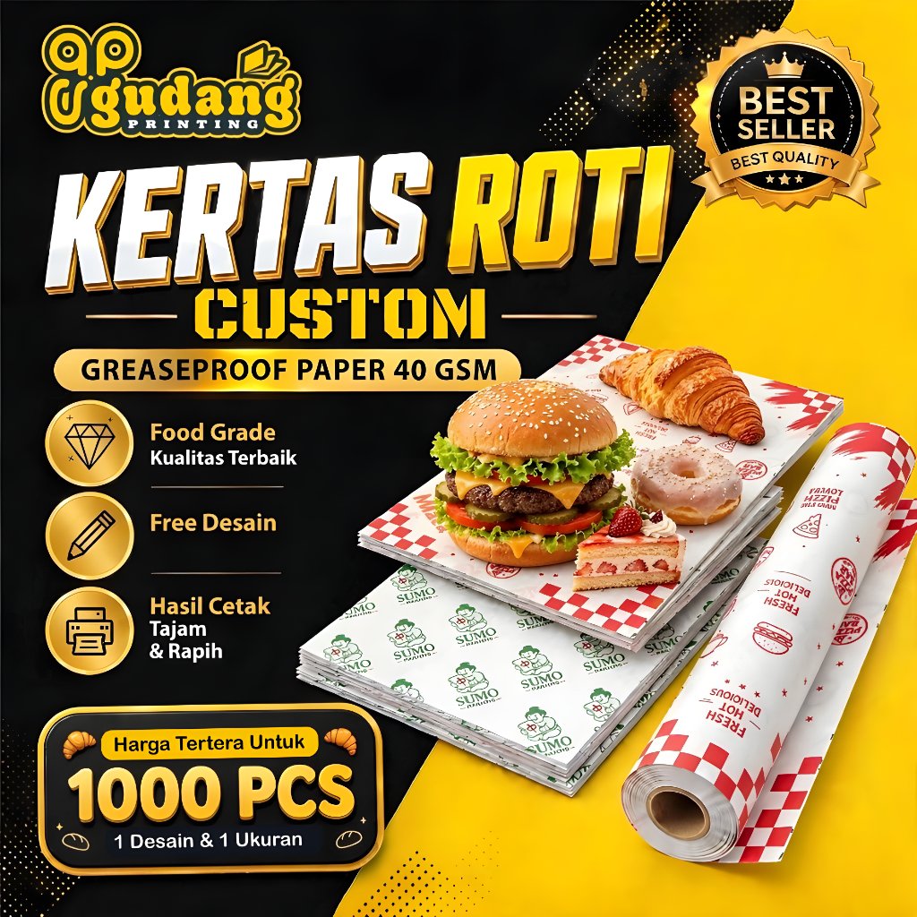 CUSTOM  Kertas Roti Foodgrade 1000 Pcs/cetak kertas roti custom/Kertas Makanan/Wrap Paper/Grease Pro