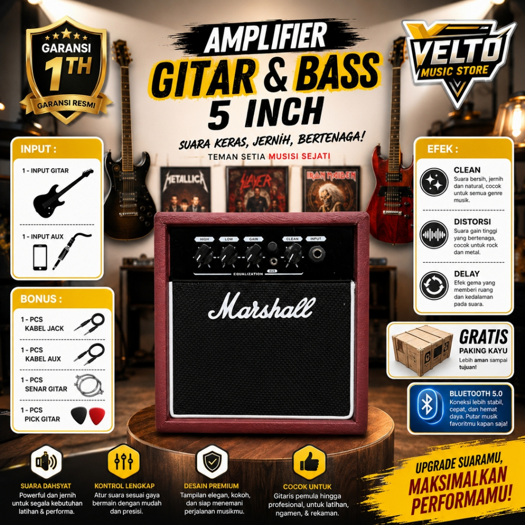 ampli gitar & bass 5 in bluetooth 5.0 2 Input marshall ada efek distorsi & delay merah