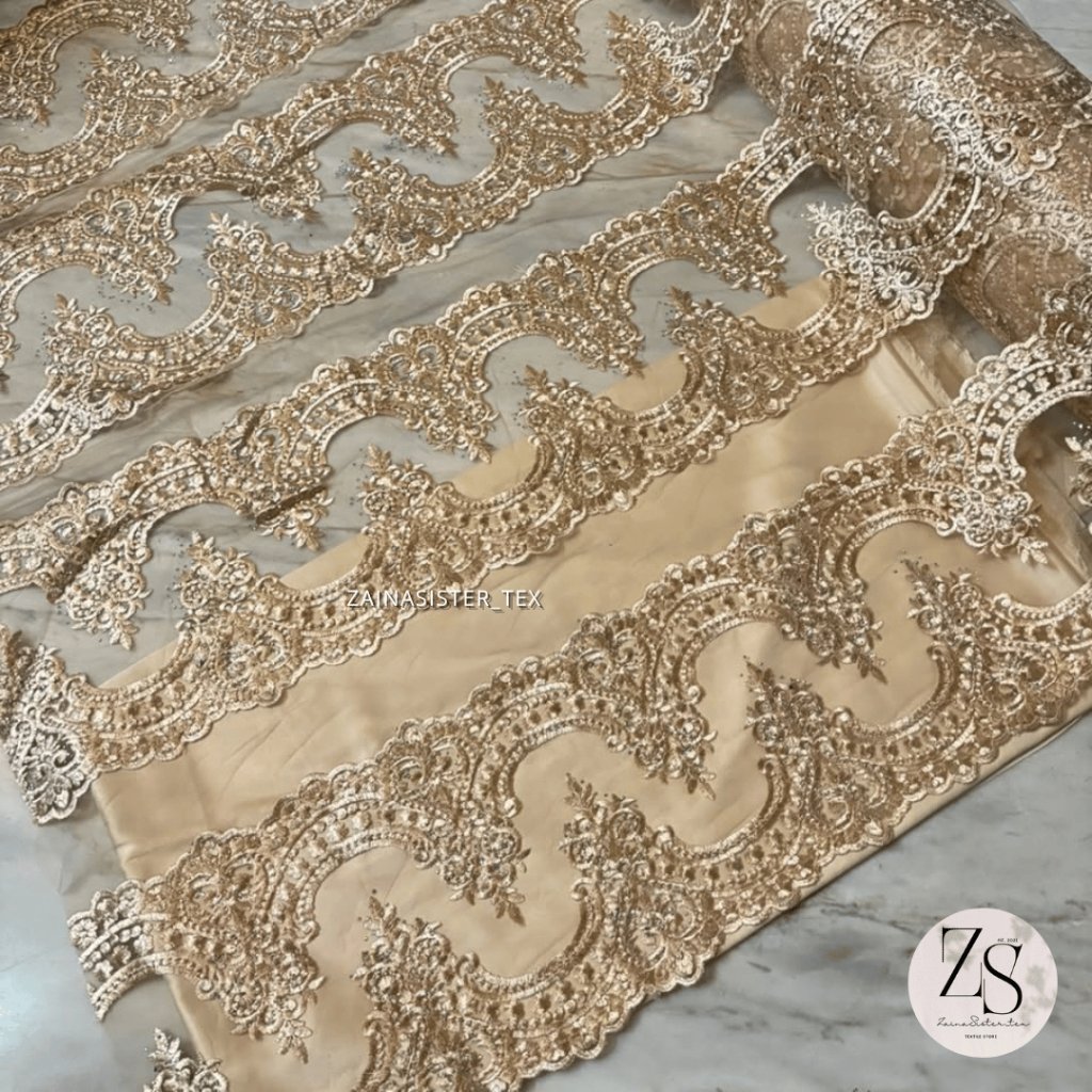 Bakal Kain Tile Bordir Lace Renda Payet Stone Exclusive Warna Emas Gold Soft - Harga 0.5m - Desain M