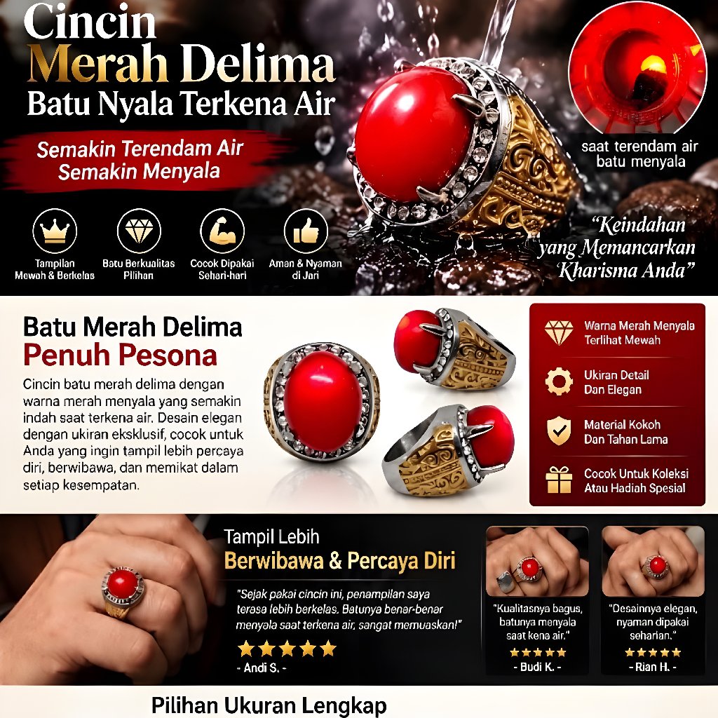 cincin pria merah delima batu nyala set titanium solid
