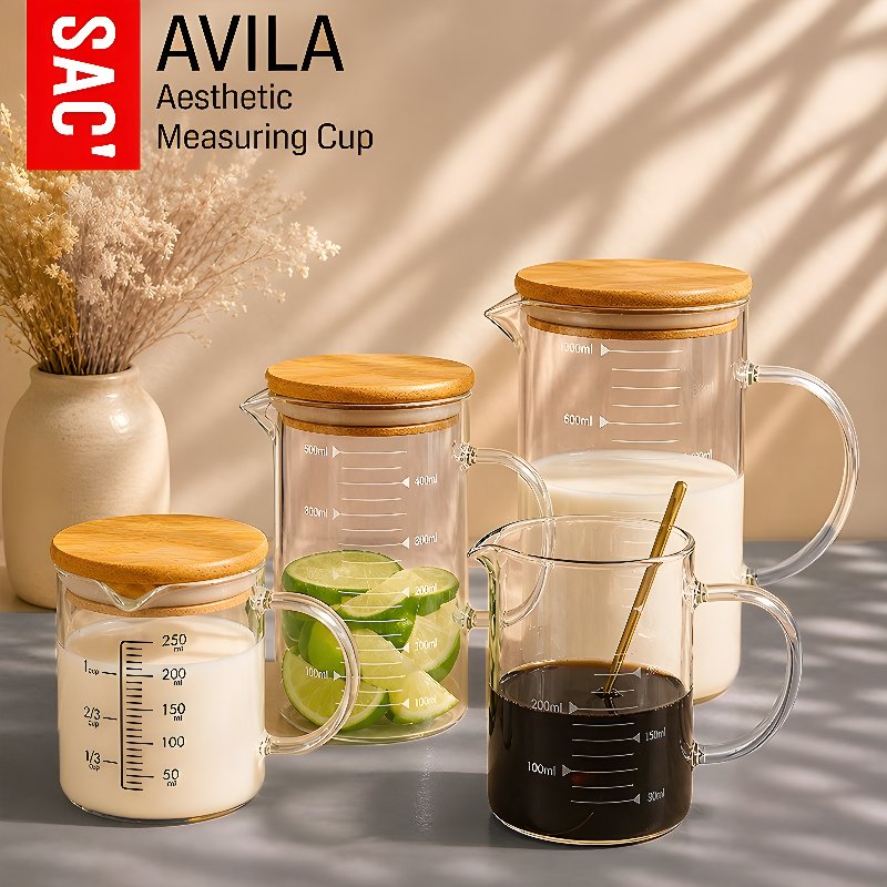 AVILA Gelas Ukur Kaca Tutup Kayu Measuring Cup Kaca Gelas Takar Gelas Takaran Cafe Measuring Cup