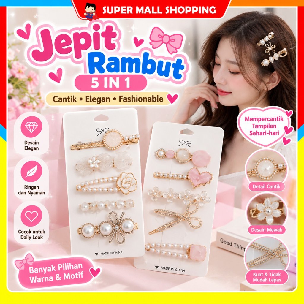 SMS Jepit Rambut Mutiara 5 IN 1 Jepitan Rambut Fashion Wanita Dewasa Clip Set Jepitan Hair Pin Gaya 