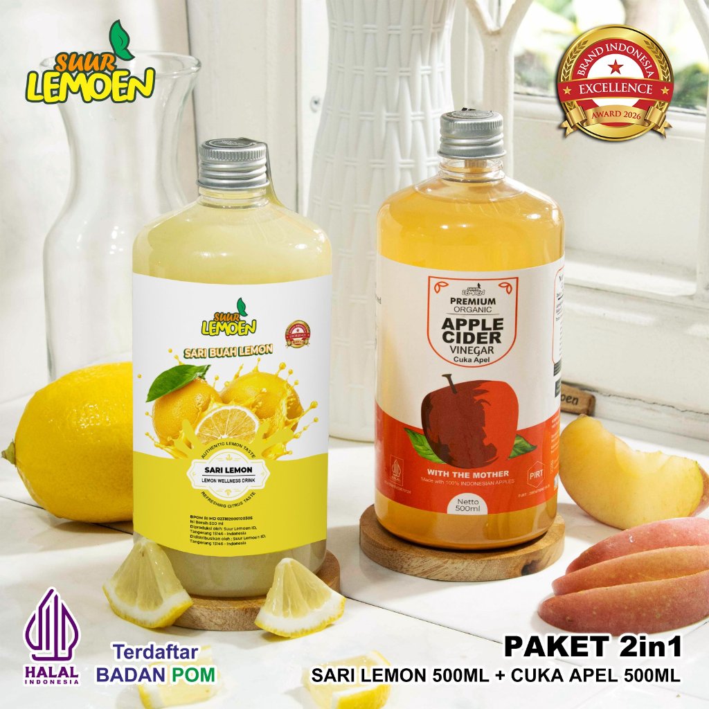 Suur Lemoen Paket Bundling Cuka Apel 500 ml dan Sari Lemon 500 ml Murni Asli 100% Untuk Diet