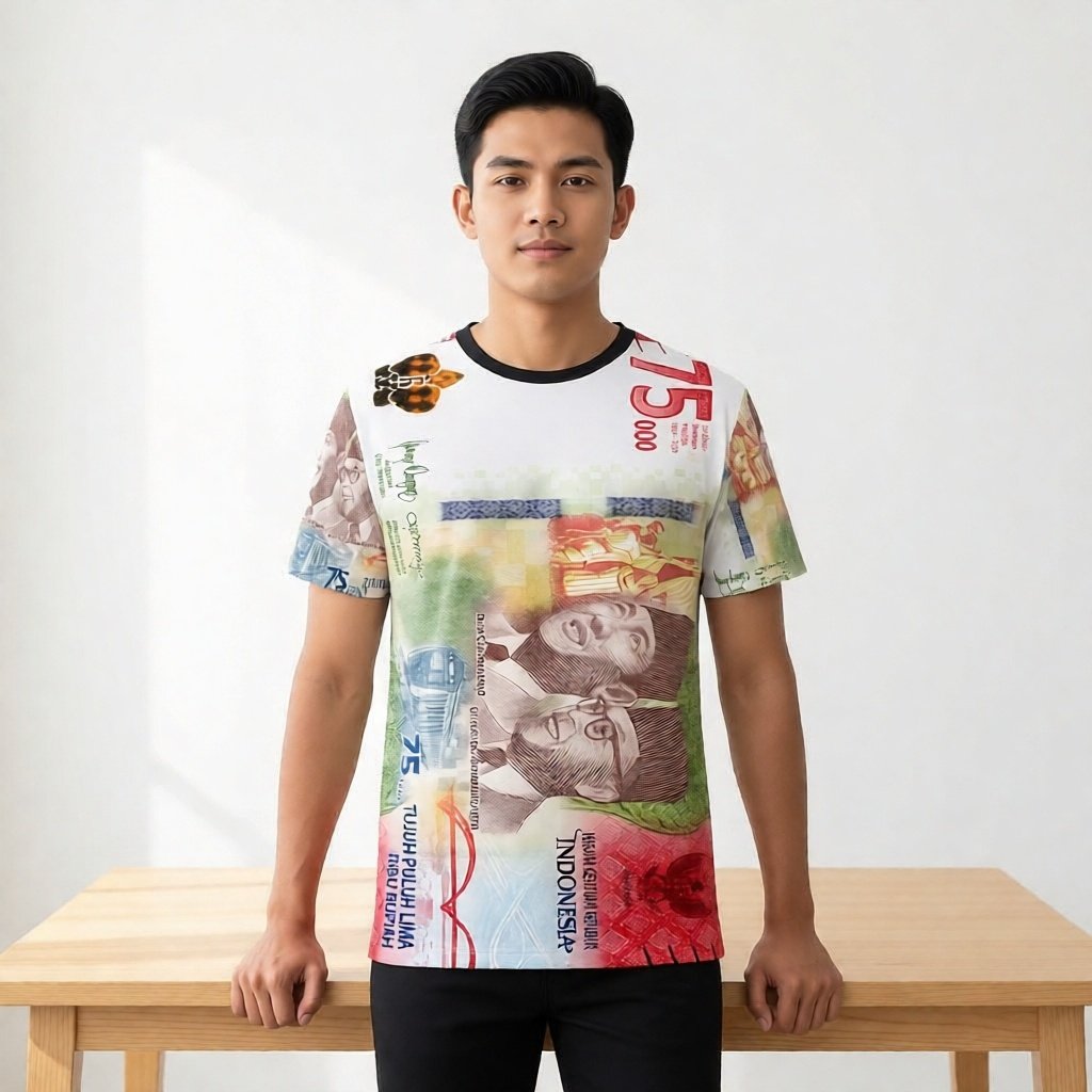Kaos Uang 75 Ribu Rupiah 75K 3D Full Print Motif Uang Indonesia Unik Unisex Anak Dewasa - MoodsBasic