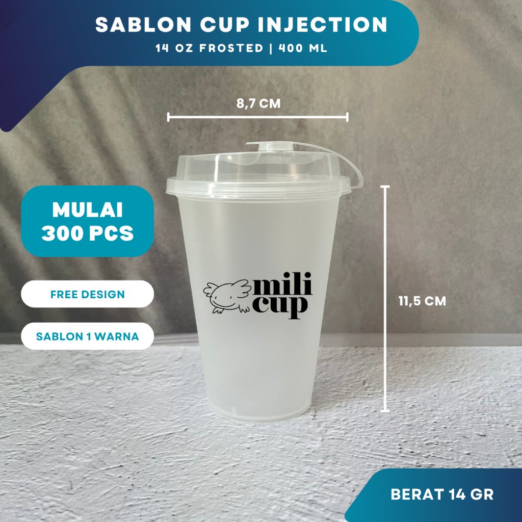 Sablon Gelas Cup Plastik PP Injection 14 Oz Datar Frosted Custom Logo | Cetak Gelas Plastik Kopi Caf