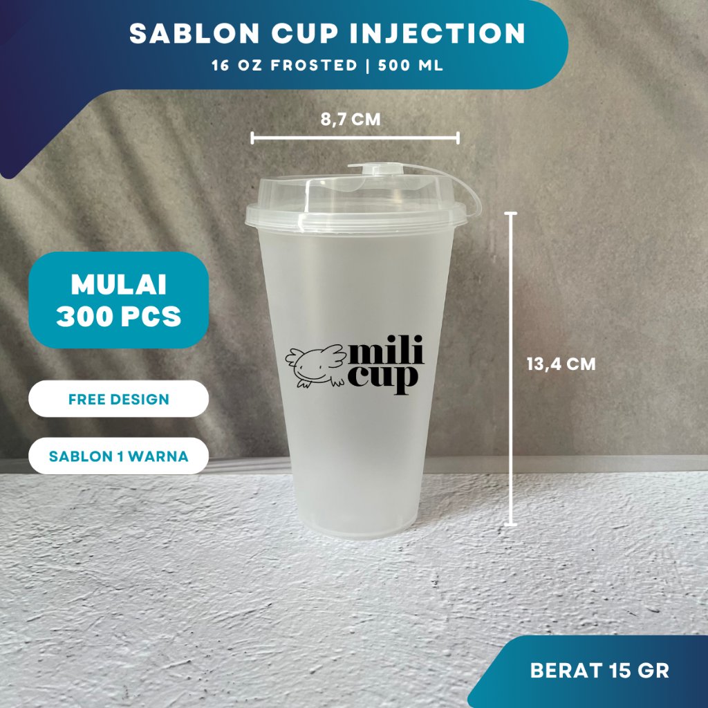 Sablon Gelas Cup Plastik PP Injection 16 Oz Datar Frosted Custom Logo | Cetak Gelas Plastik Kopi Caf