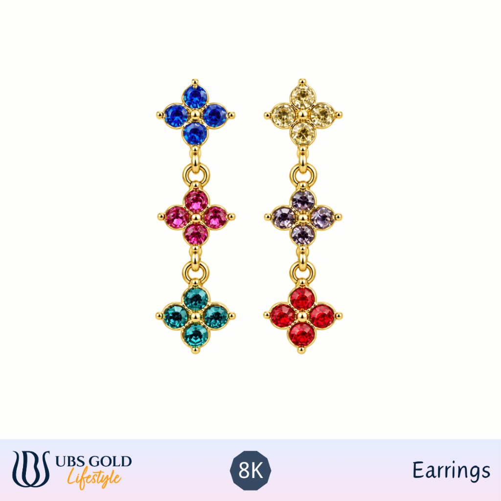 UBS GOLD Anting Panjang Wanita Motif Semanggi Empat Daun dengan Batu Warna-warni Berkilau Aksesoris 