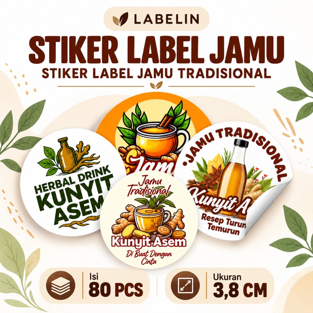 Labelin | Stiker Label Jamu Tradisional Isi 80 pcs Bulat 3.8 cm Custom Botol Sinom Kunyit Asem Beras